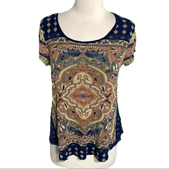 Lucky Brand S blue Persian carpet print scoop neck short sleeve boho top - Picture 1 of 6